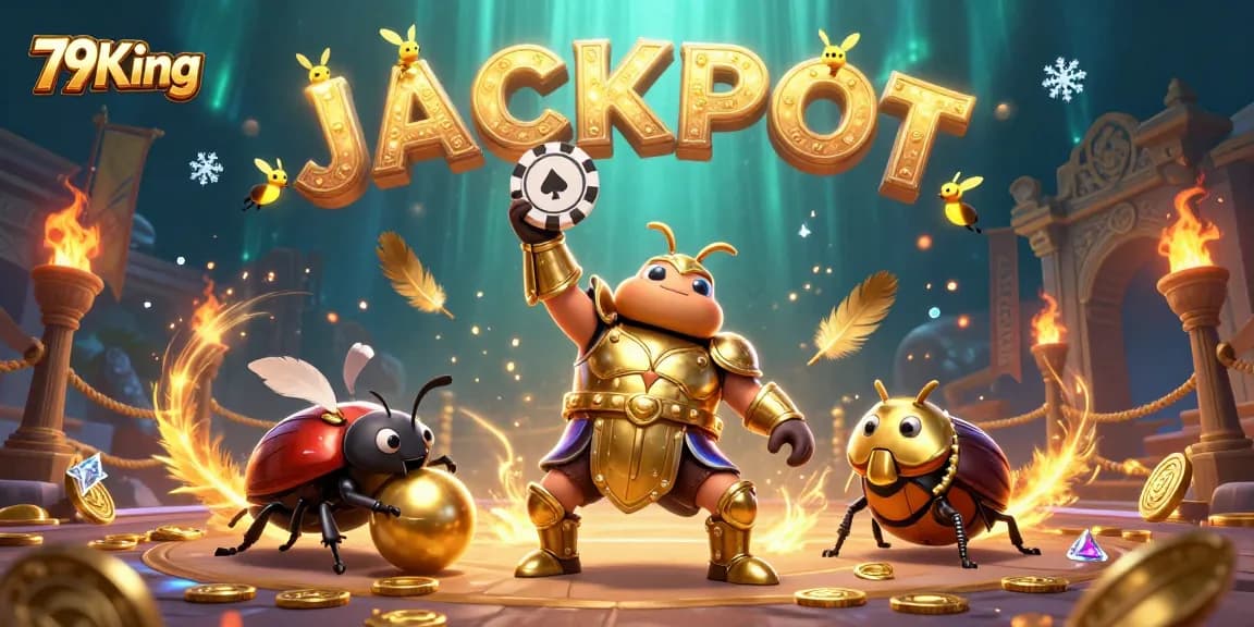 Engage in thrilling wins at 79King's casino with a vibrant 3D illustration showcasing a heroic beetle lifting a poker chip.