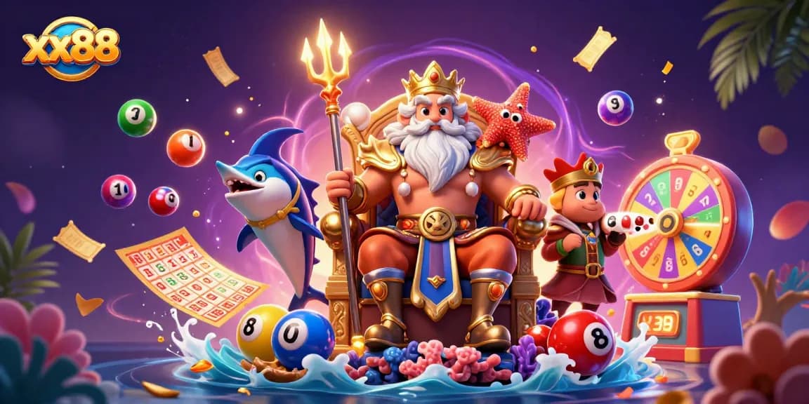 Engage with the thrilling xx88 gaming experience featuring Neptune and vibrant lottery elements in a dynamic casino scene.