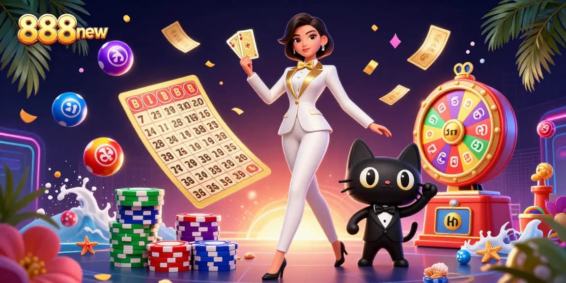 Experience thrilling gaming with 888new's vibrant illustration of a glamorous dealer and playful cartoon cat.