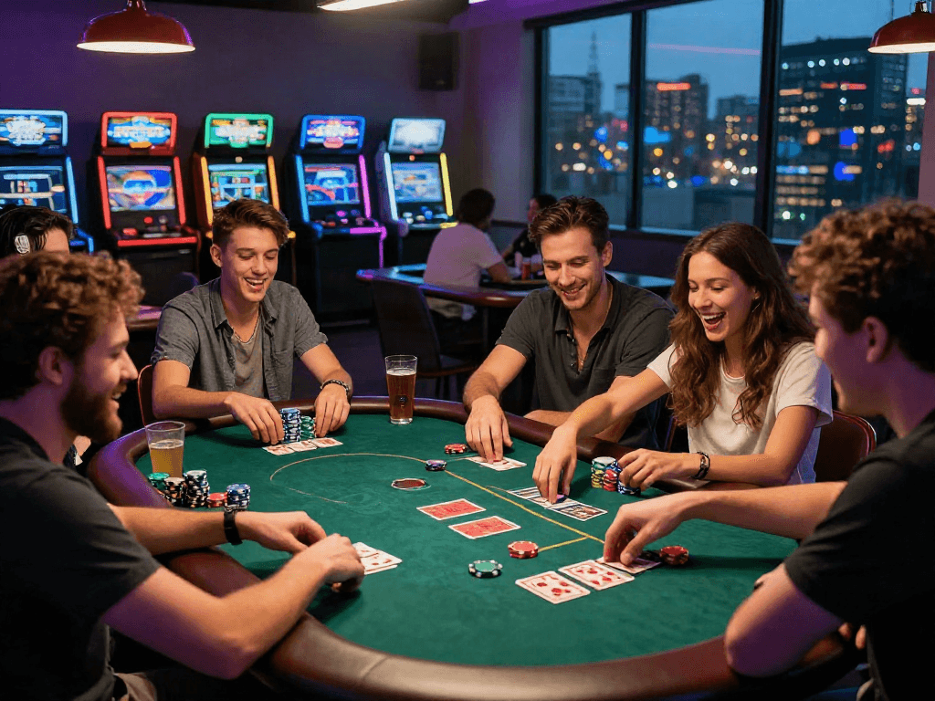Friends enjoying a lively rokok88 poker night in a vibrant gaming lounge