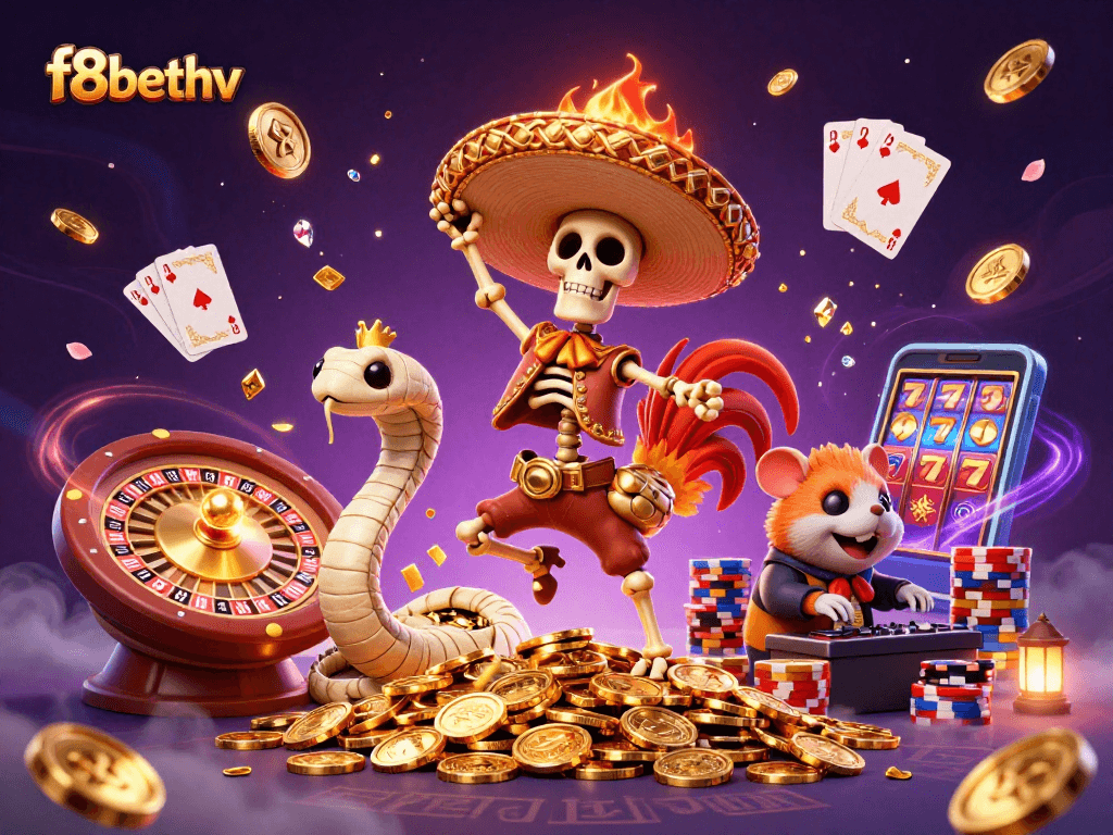 Experience F8bethv with engaging 3D characters dancing amid golden coins and vibrant casino elements.
