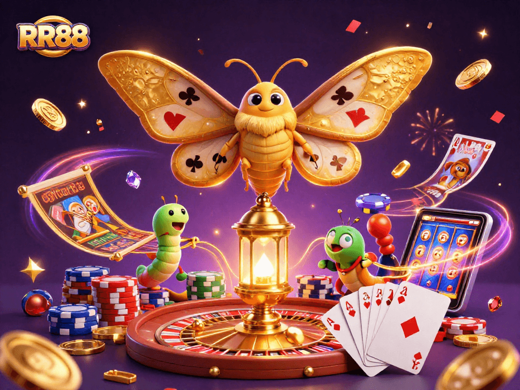 Engage with RR88's vibrant world, featuring a golden atlas moth amidst cascading casino treasures and excitement.