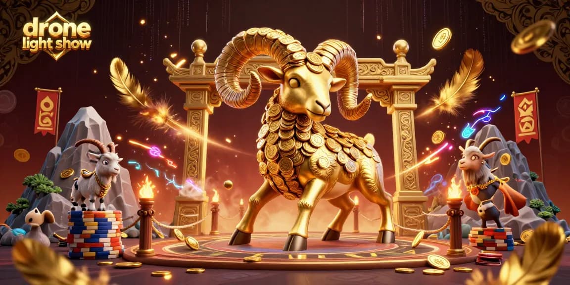 Experience an exhilarating drone light show surrounded by dynamic casino elements in a vibrant 3D illustration.