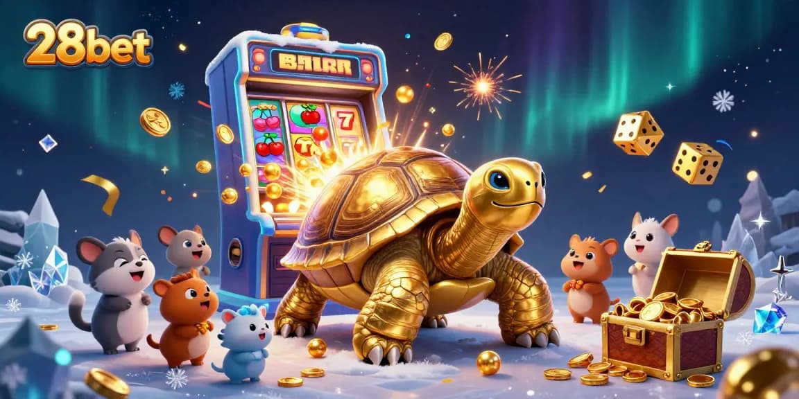 Experience thrilling casino action with 28bet's vibrant gaming scene featuring a golden tortoise pinball machine.