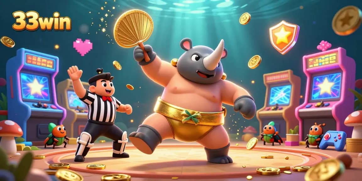 Experience the thrill of 33win with a vibrant 3D scene featuring a beetle sumo champion amidst golden coins and colorful games.
