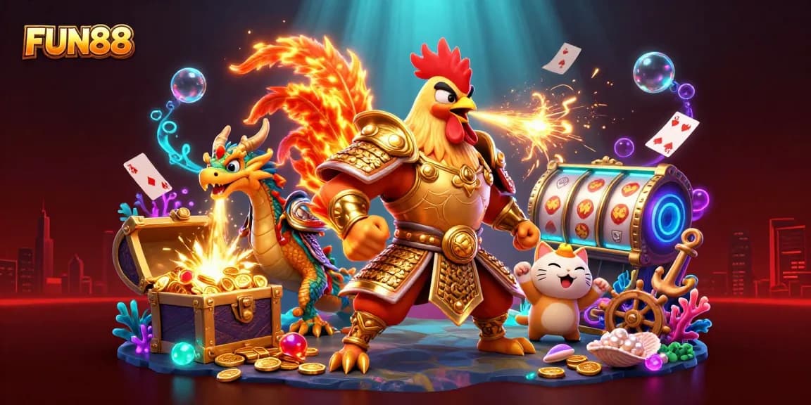 Spin to win with FUN88's exciting casino games illustrated in vibrant 3D featuring dynamic characters.