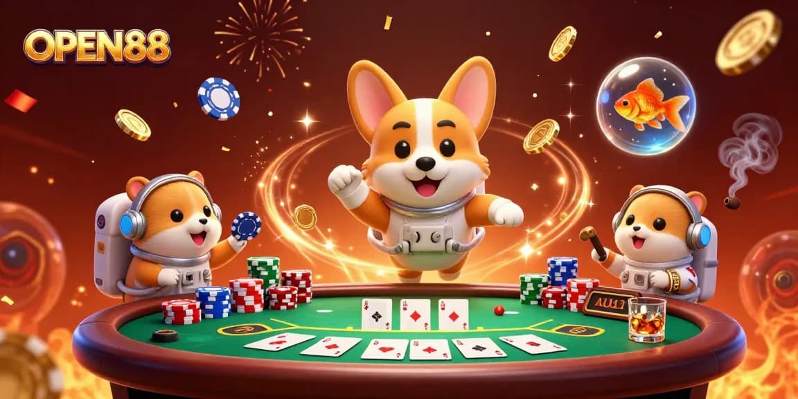 OPEN88 showcases a floating corgi astronaut in a vibrant casino scene full of poker elements.