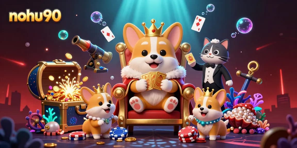 Nohu90 showcases a royal corgi on a throne of poker chips amid vibrant casino-themed elements.