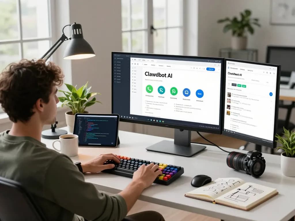 Developing with Clawdbot AI in a modern home office setup featuring dual monitors and a busy workspace.