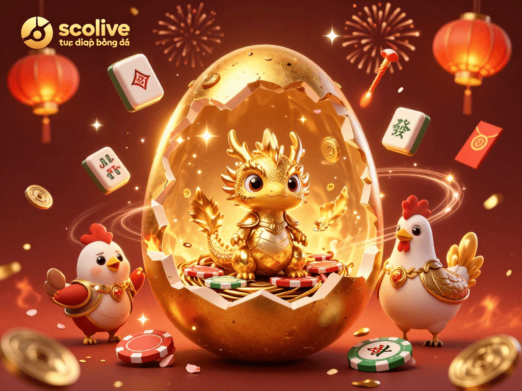 Socolive trực tiếp bóng đá showcases a magical scene with a golden dragon on poker chips amidst festive elements.