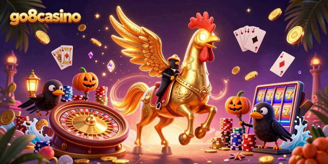 Experience the thrill of go8casino with a vibrant, whimsical scene of a golden rooster and spectral horse amidst casino riches.