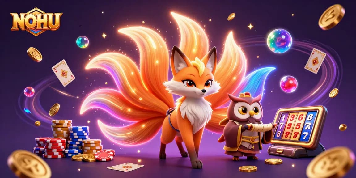 Join the adventure with NOHU, featuring vibrant characters and dynamic casino elements, illustrating a thrilling jackpot experience.