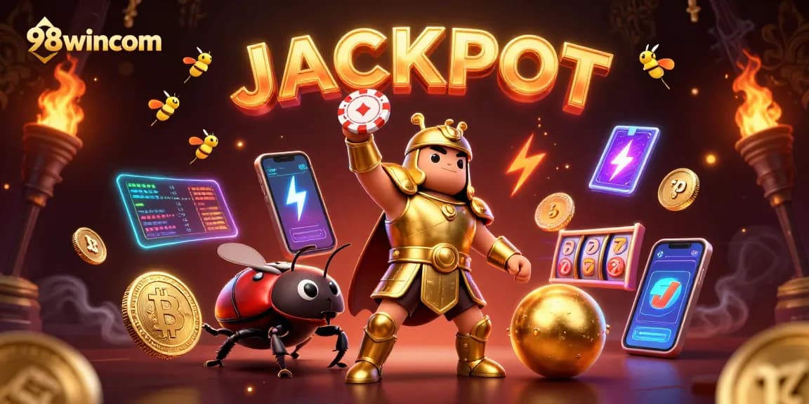 98wincom celebrates a jackpot victory in a vibrant 3D casino scene with crypto elements.