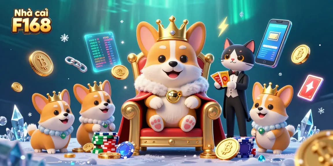 Engage with Nhà cái F168's thrilling experience showcasing a royal corgi and vibrant casino elements.
