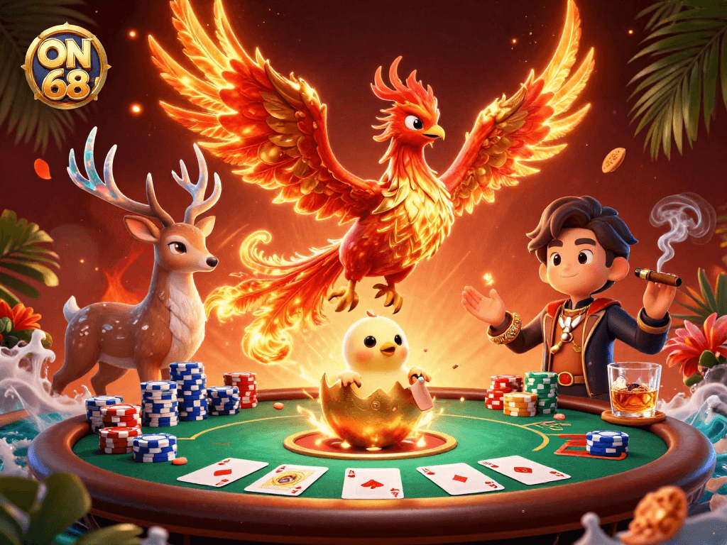 Experience thrilling wins at ON68 with a vibrant 3D casino scene featuring poker elements and fantastical characters.
