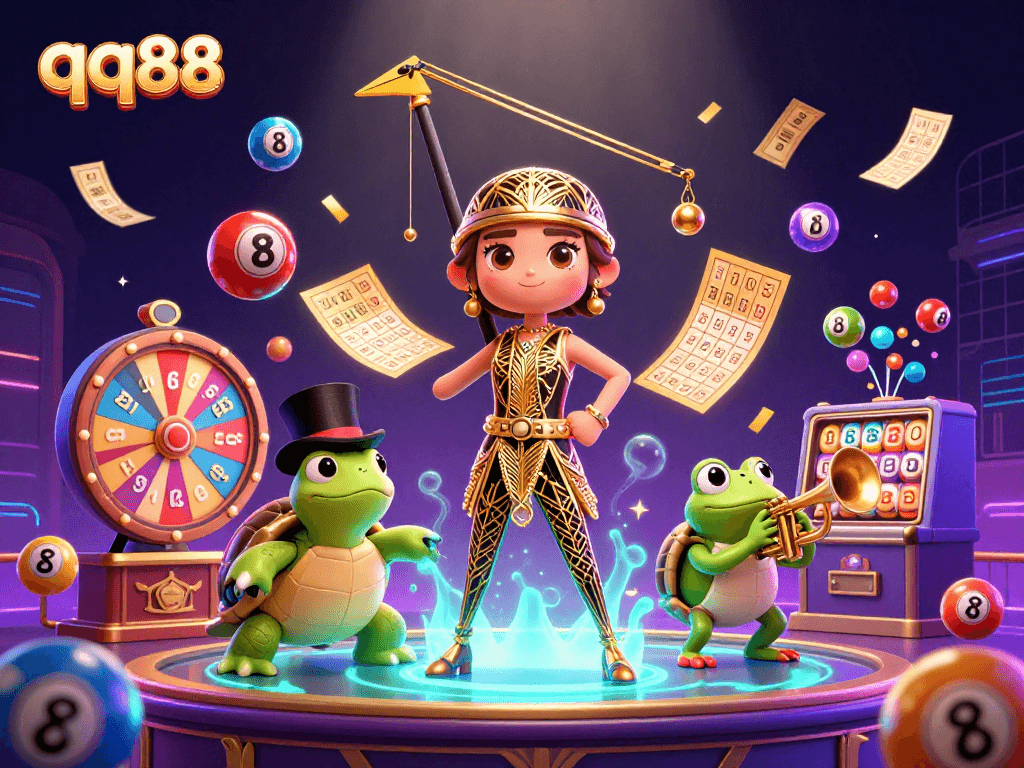 Experience thrilling games with qq88 at this vibrant casino scene featuring animated characters and dynamic elements.