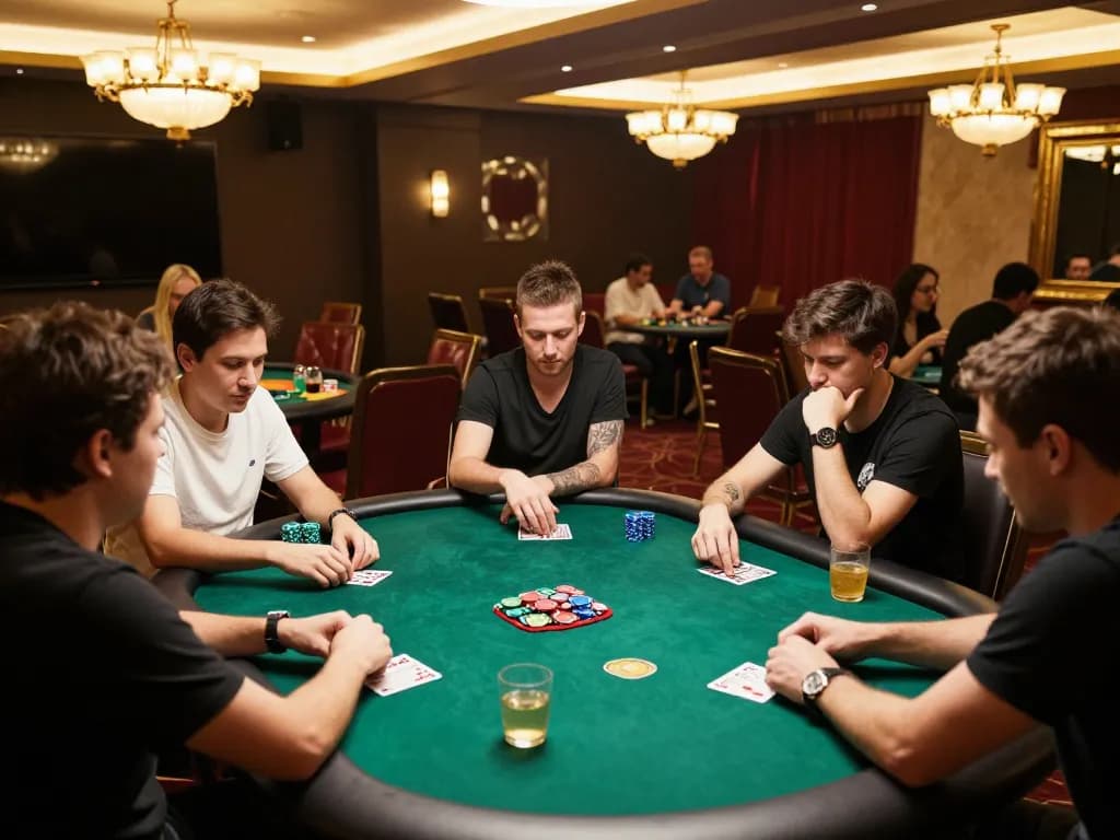 Players strategizing during a tense poker game at MM88, showcasing high stakes and camaraderie.