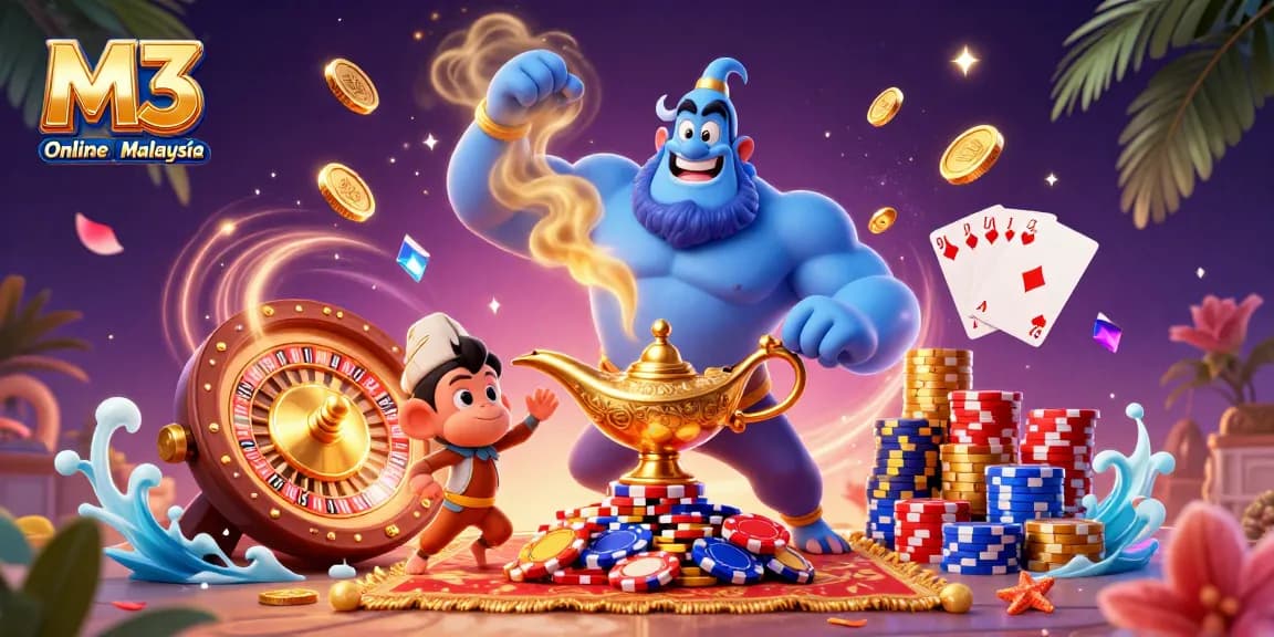Experience thrilling gameplay at M3 Online Casino Malaysia with a vibrant illustration of casino elements and characters.