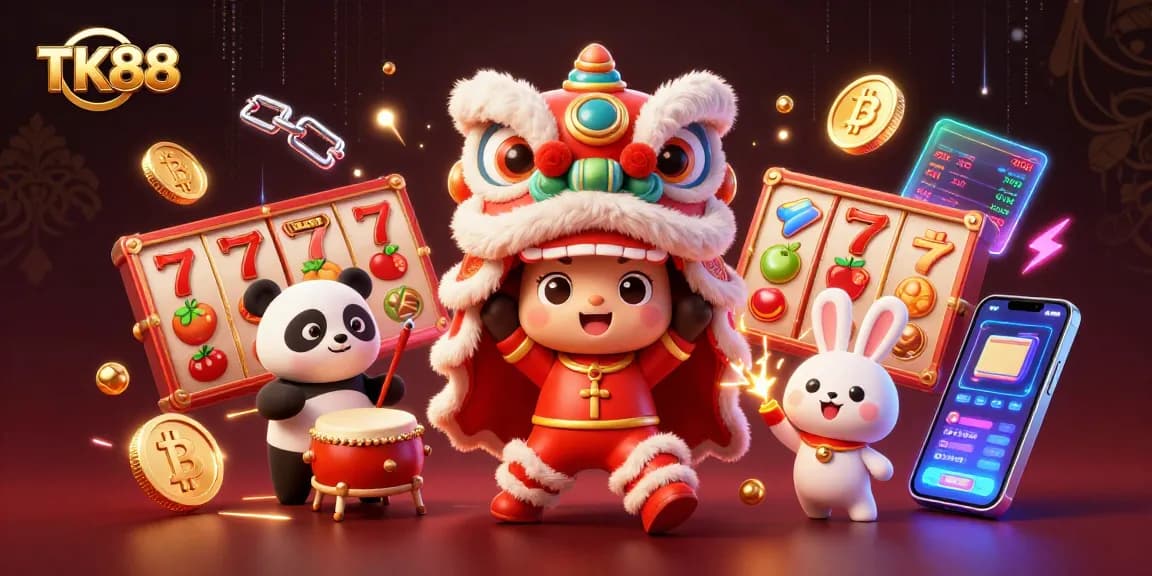 Engage in exciting casino games at TK88, featuring dynamic slot elements and vibrant characters.