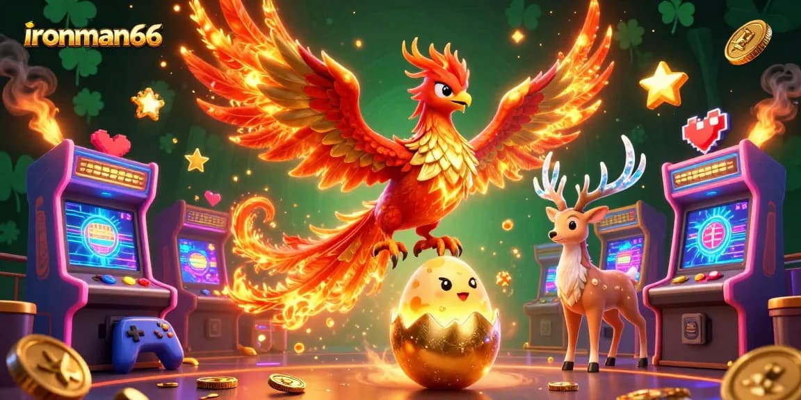 Experience the thrill of ironman66 with a vibrant 3D illustration featuring a phoenix and casino elements.
