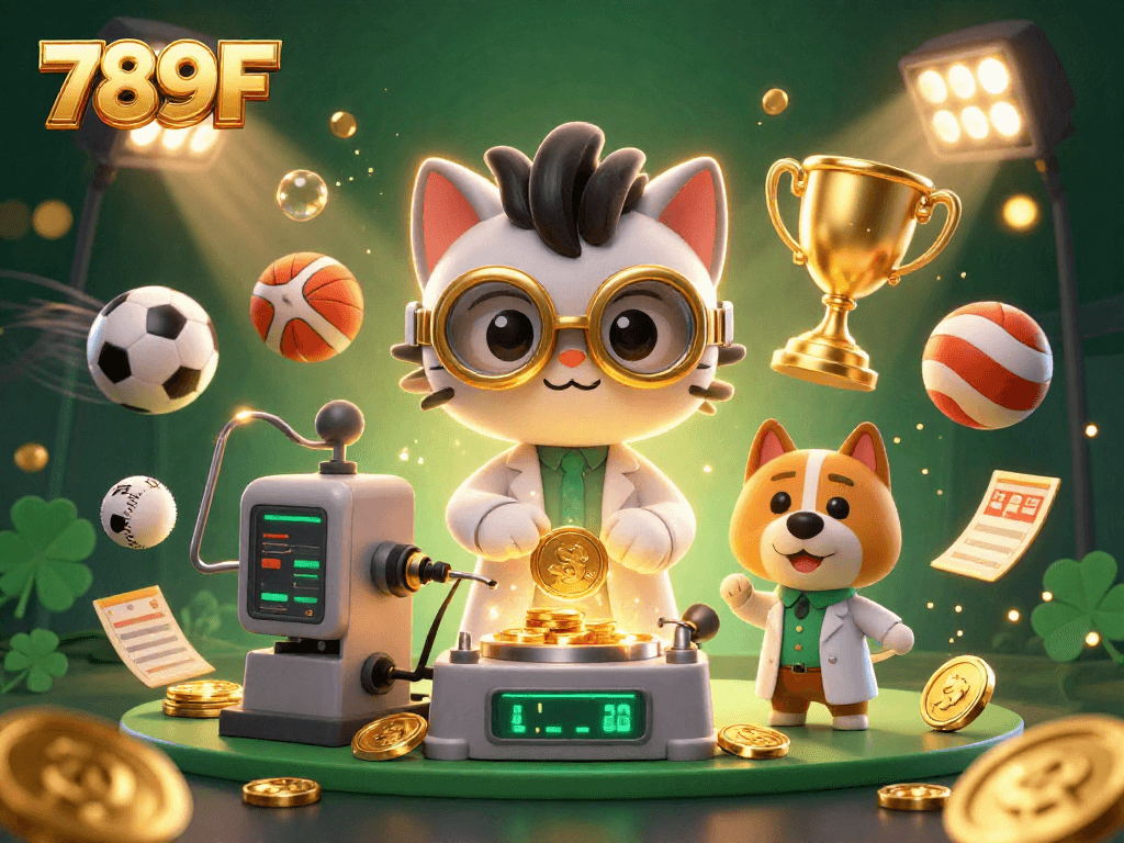Feel the excitement at 789F as a mad scientist cat creates wealth, surrounded by dynamic sports elements.