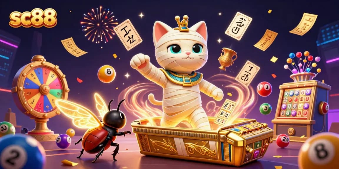 sc88 engages players with a vibrant casino scene featuring a mummy cat and lucky symbols.