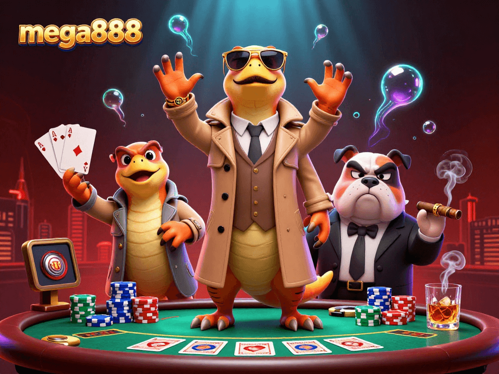 Permainan mega888 dengan raptors dan bouncer bulldog dalam suasana kasino yang meriah.