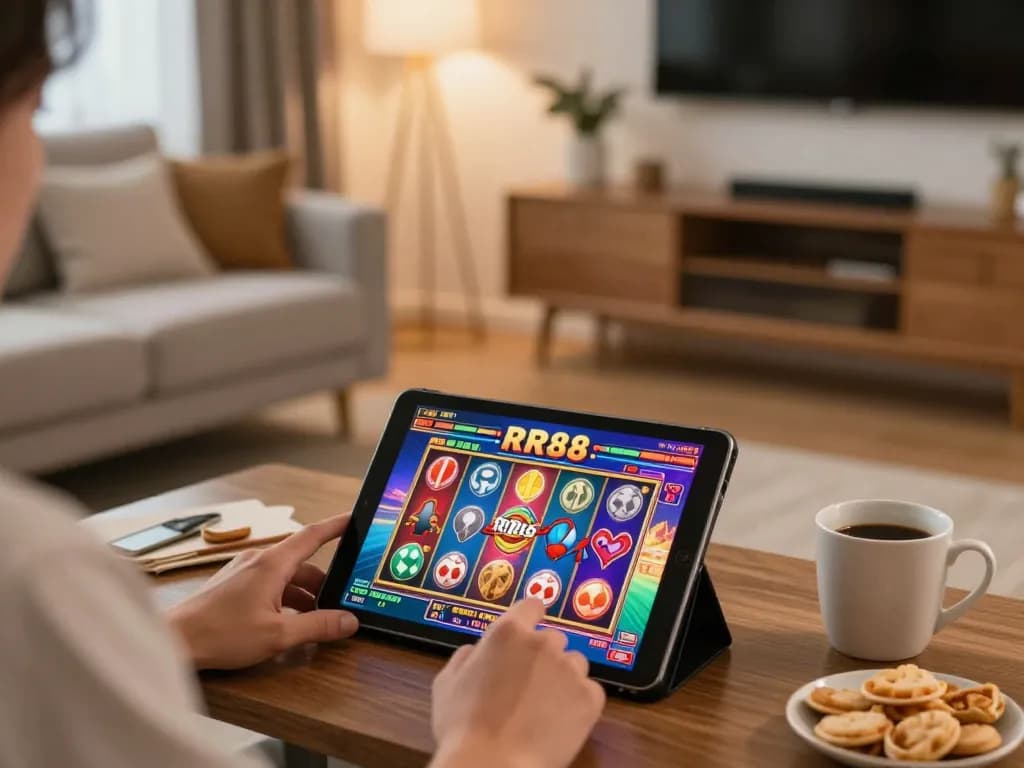 Engaging in RR88 online gaming experience with colorful slot game visible