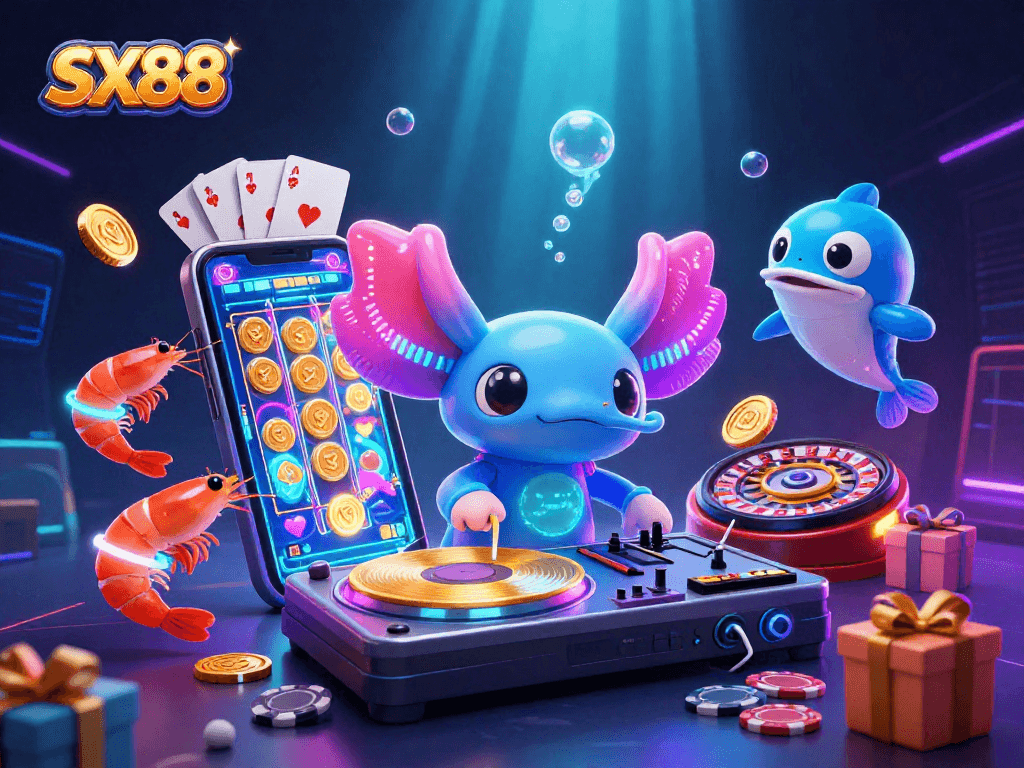 SX88 offers an exciting gaming experience with vibrant characters and slot machine action.