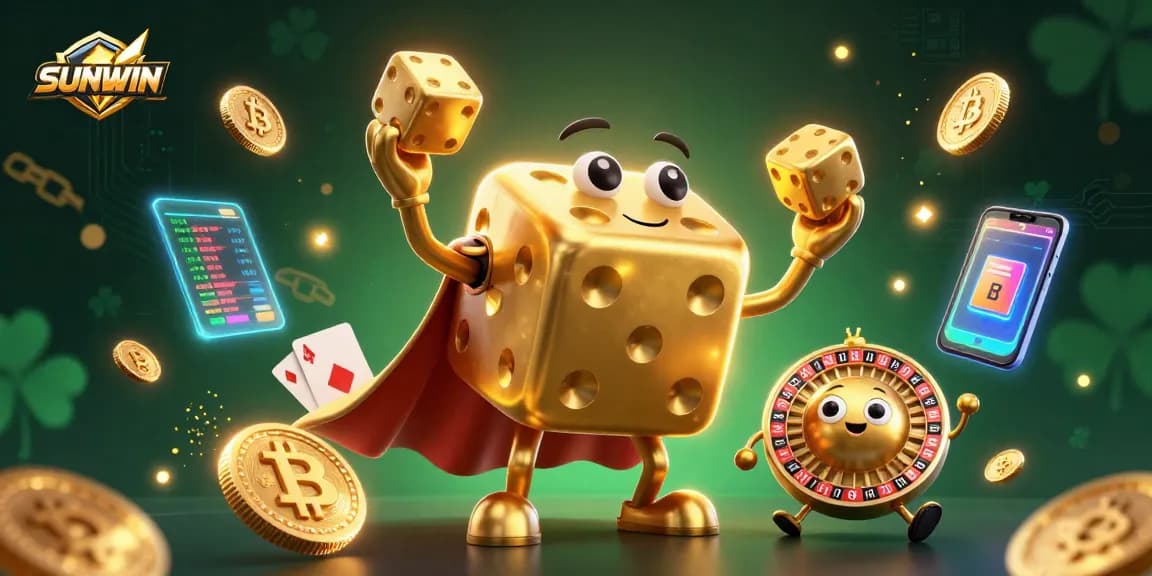 SUNWIN captivates players with a dynamic scene of a golden dice golem, showcasing vibrant crypto currency elements in the background.