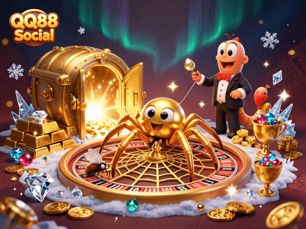 Experience thrilling gameplay at QQ88 Social with a golden spider and centipede croupier amidst roulette fun.