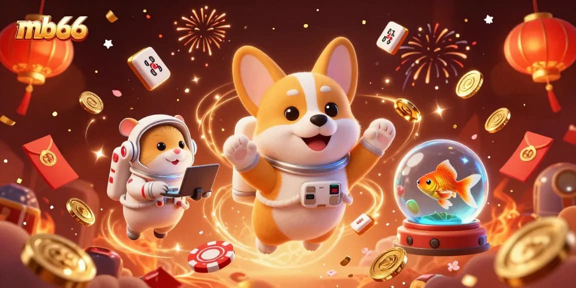 Experience the exciting casino atmosphere with mb66 as the astronaut corgi floats amongst festive elements.