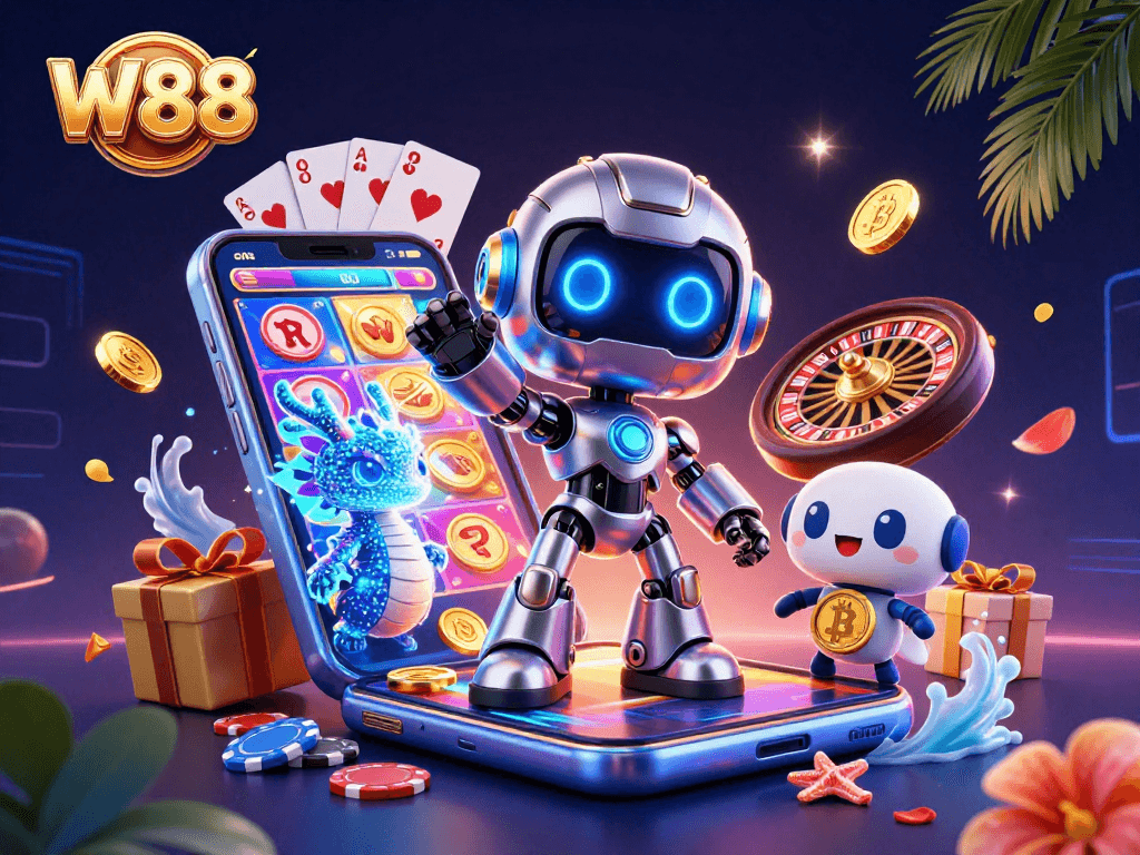 Experience thrilling gameplay at W88 with a vibrant 3D casino illustration showcasing excitement and fun.