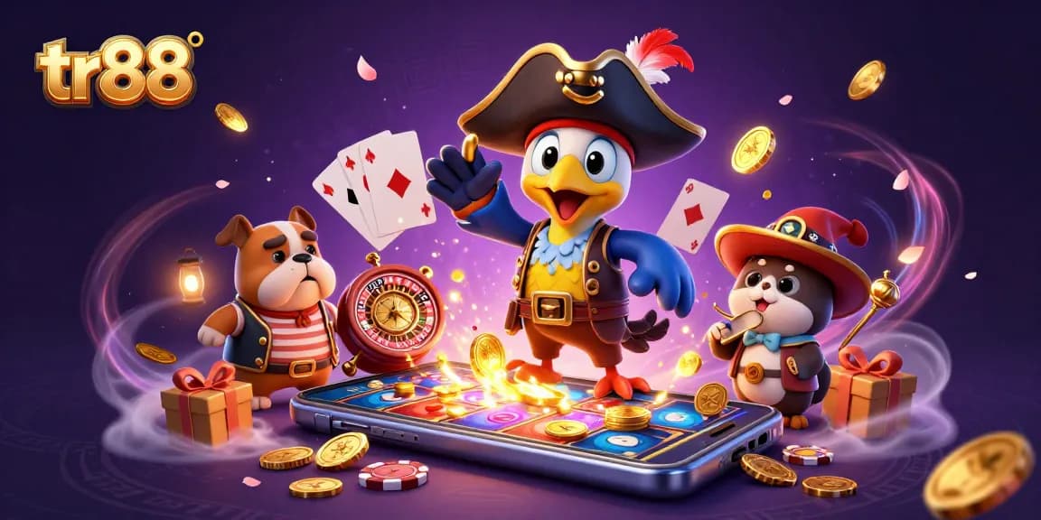 tr88 casino adventure with pirate, bulldog, and cat amidst exciting slot game elements
