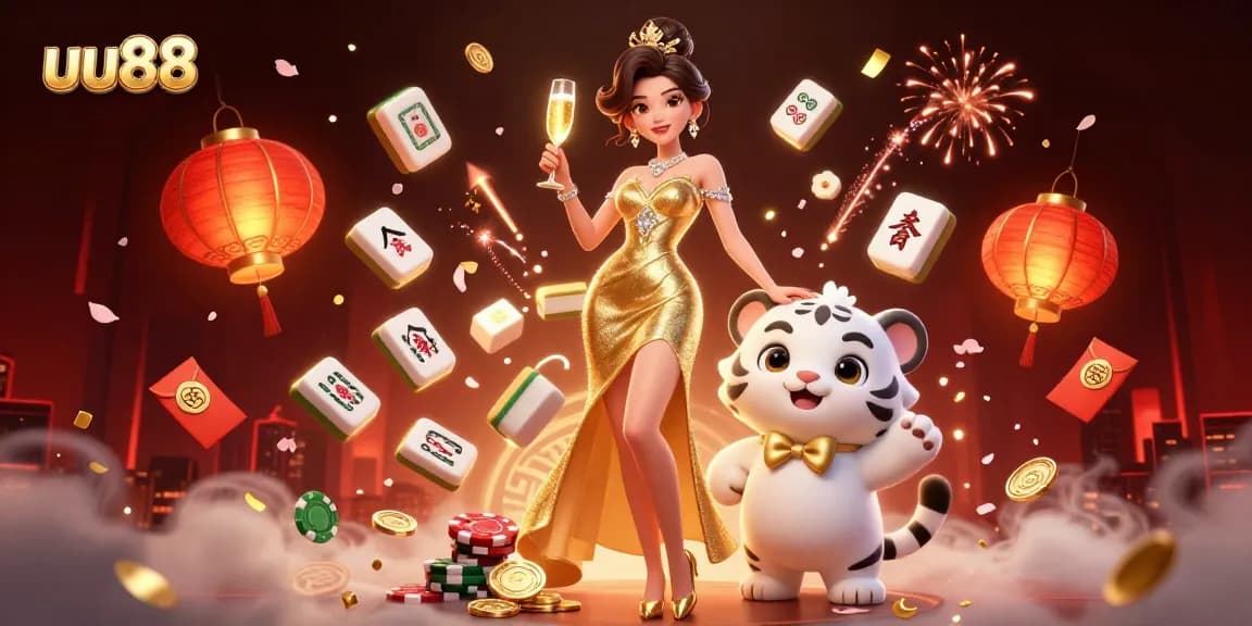 Engage in exciting gameplay at uu88, where a glamorous figure and a lucky tiger celebrate amidst vibrant casino elements.