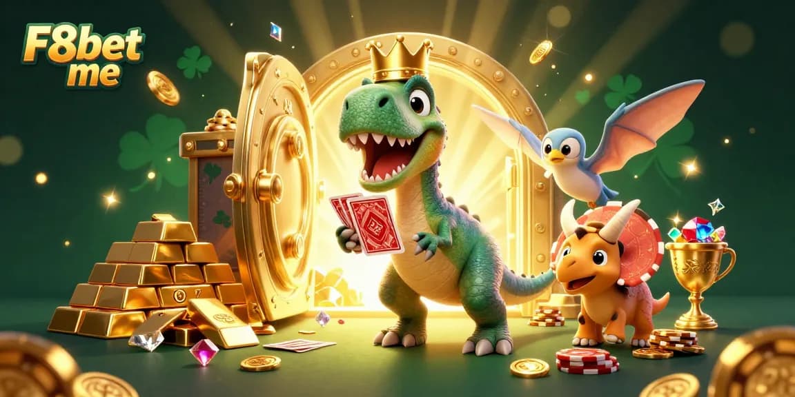 Engage with exciting games at F8bet me, featuring a T-Rex playing cards and themed casino elements.