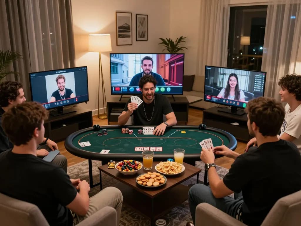 Engaged players enjoying a virtual poker game at the 888new casino, showcasing a lively online gaming night.