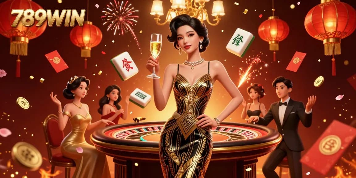 Experience winning thrills at 789WIN with an elegant Asian woman celebrating in a vibrant casino scene.