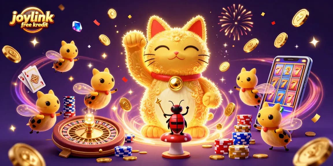 Experience joylink free kredit with a vibrant 3D display of lucky symbols and casino excitement.