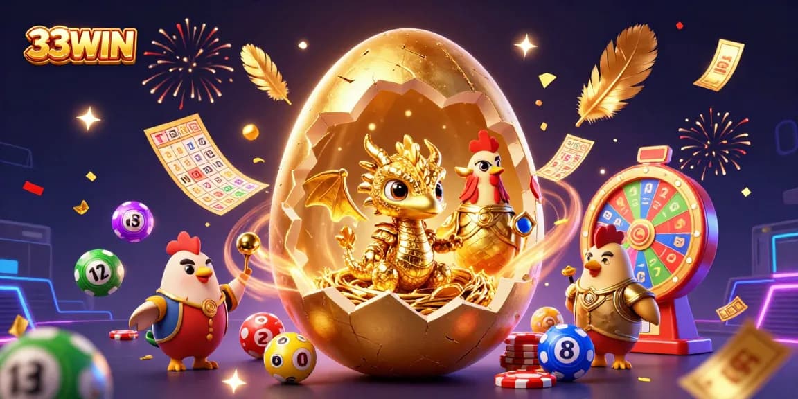 33WIN jackpot scene showcasing a golden dragon with poker chips amidst colorful lottery balls and vibrant casino energy.