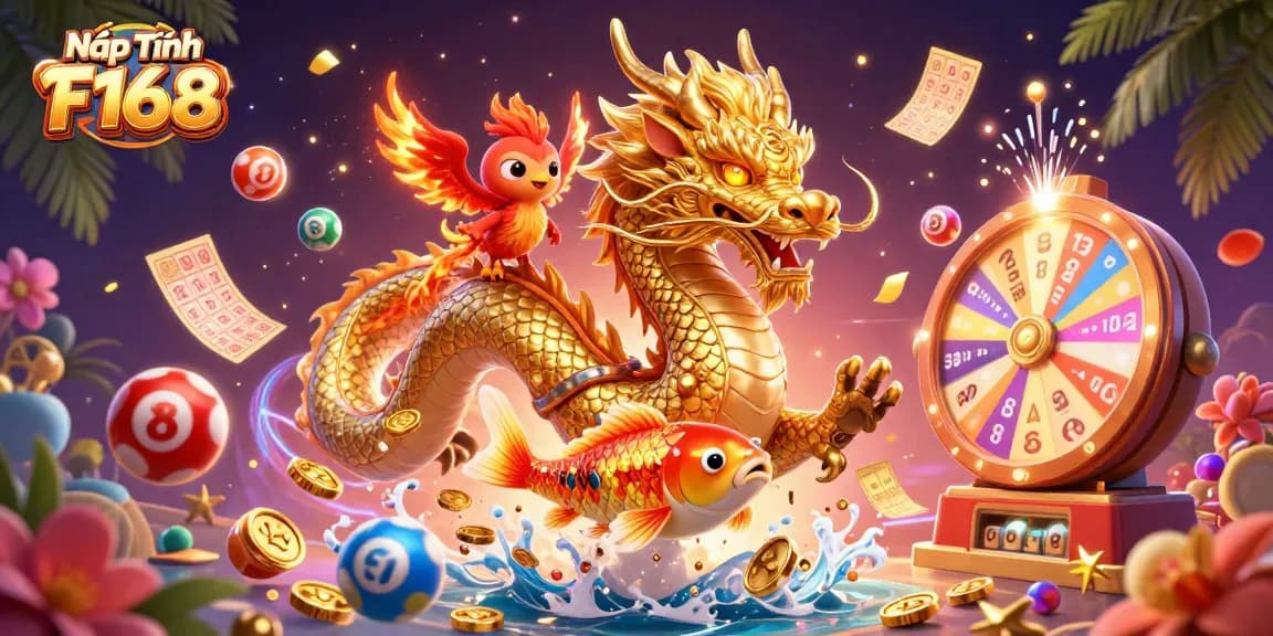 Nạp Tiền F168 with exciting golden dragon, cute phoenix, and coins raining down in vibrant lottery scene.