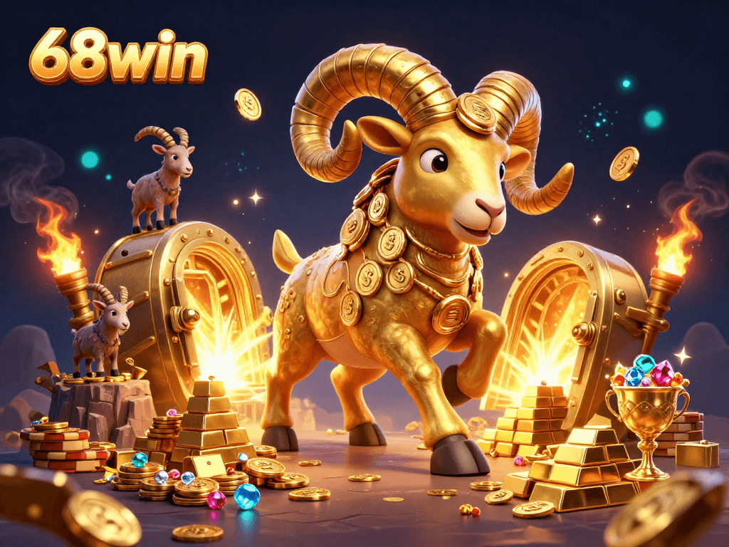Experience the thrill of winning at 68win with vibrant casino visuals and golden treasures.