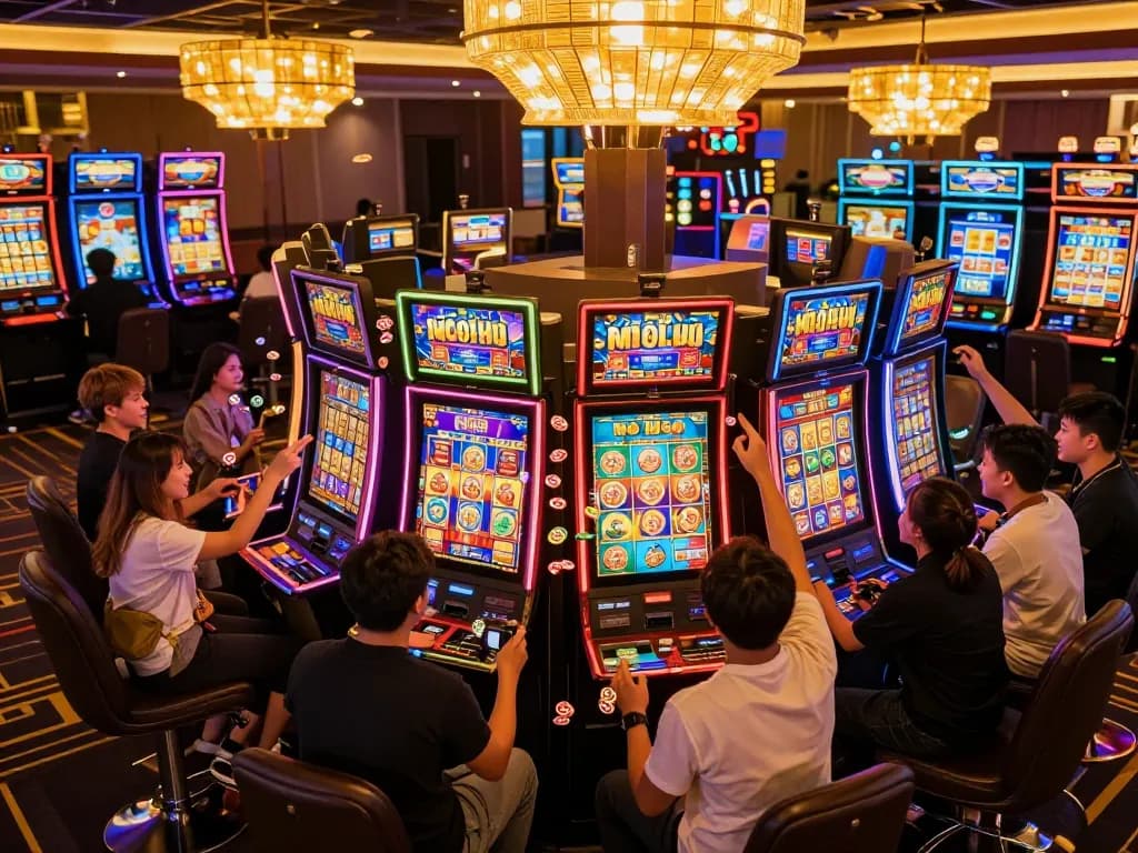Nổ hũ slot machine area with players celebrating wins, showcasing colorful lights and vibrant gaming atmosphere.