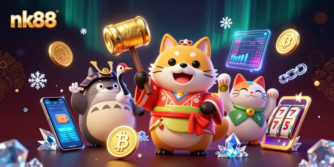Experience the excitement of nk88 with cheerful characters celebrating winning moments in a vibrant casino environment.