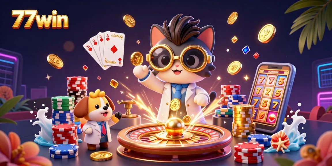 Experience the excitement of 77win as a mad scientist cat creates gold coins in a vibrant casino scene.