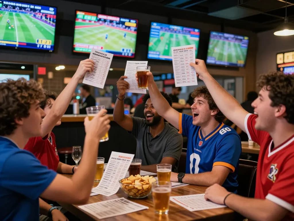 Kèo nhà cái 5 players engaging in sports betting at a lively bar, celebrating their favorite teams during live events.