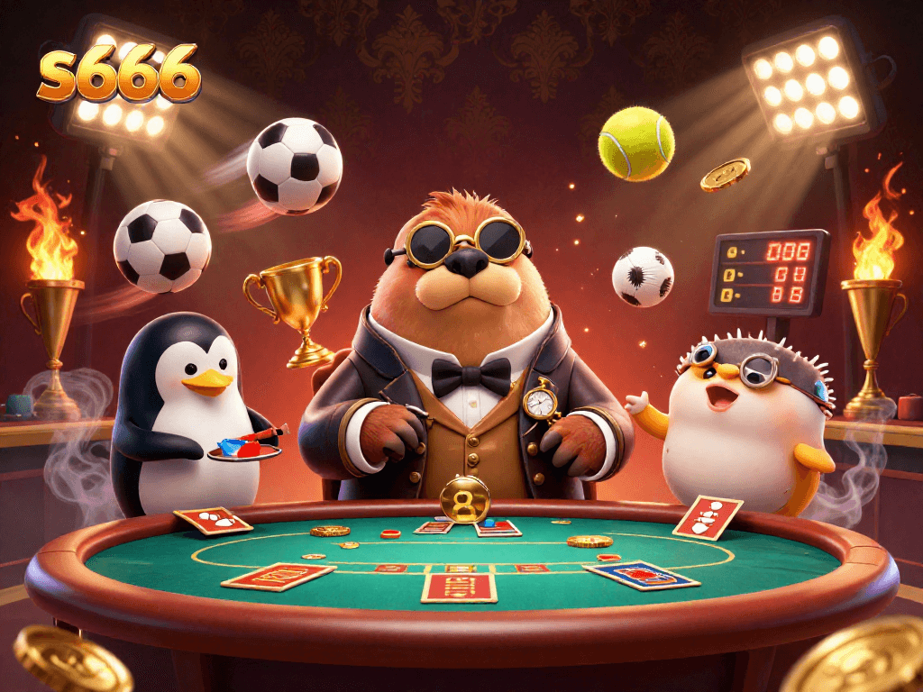 S666 gaming scene with a walrus, penguin dealer, and pufferfish bluffing at an underwater poker table.