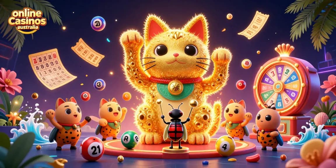 Engaging illustration showcasing online casinos Australia with vibrant symbols, lucky cat, and dynamic lottery elements.