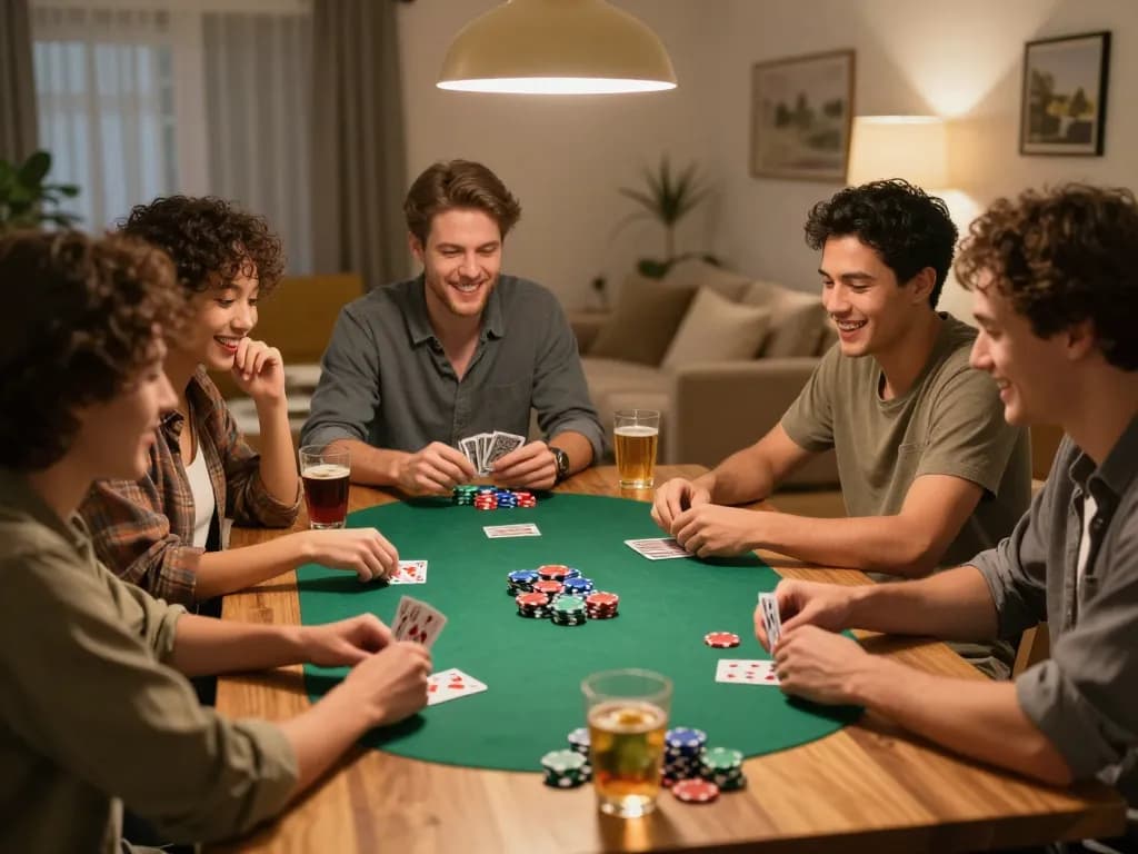 M88 casino poker night with friends enjoying competitive card gameplay in a cozy atmosphere.