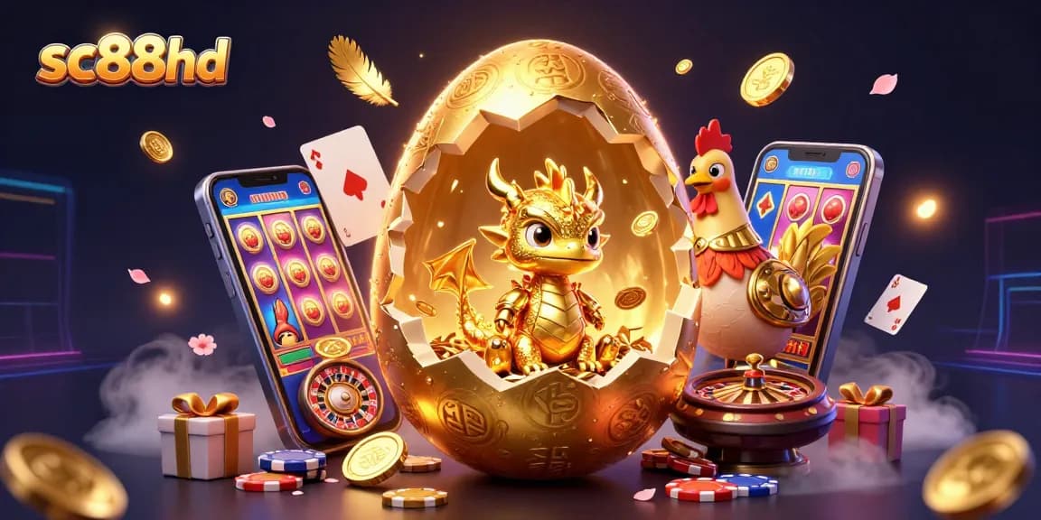 Win big with sc88hd by enjoying a dazzling 3D illustration of a golden dragon emerging from poker chips.